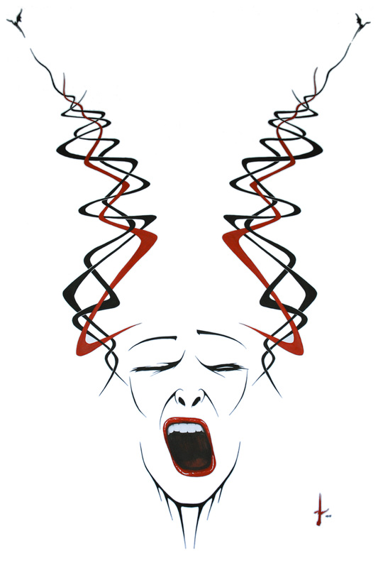 Lakshmi Mohanbabu YAWN “Disinterested Introspection” Theta brain waves are dominant in this waking hallucinatory state, detached from our surroundings. The bat flies away allowing an awakening to reality. 