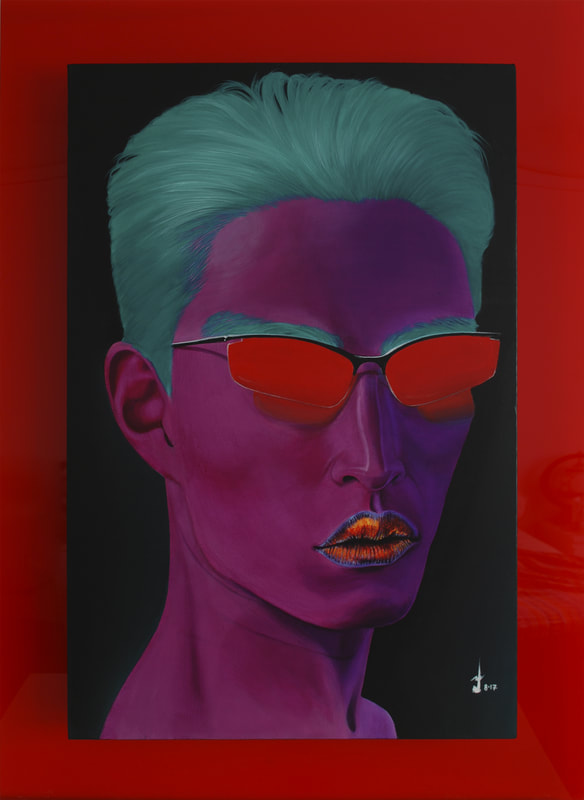 Lakshmi Mohanbabu Framed Oriental Purple Turquoise hair, purple skin and red glasses are not out of place for this Asian man with high cheekbones